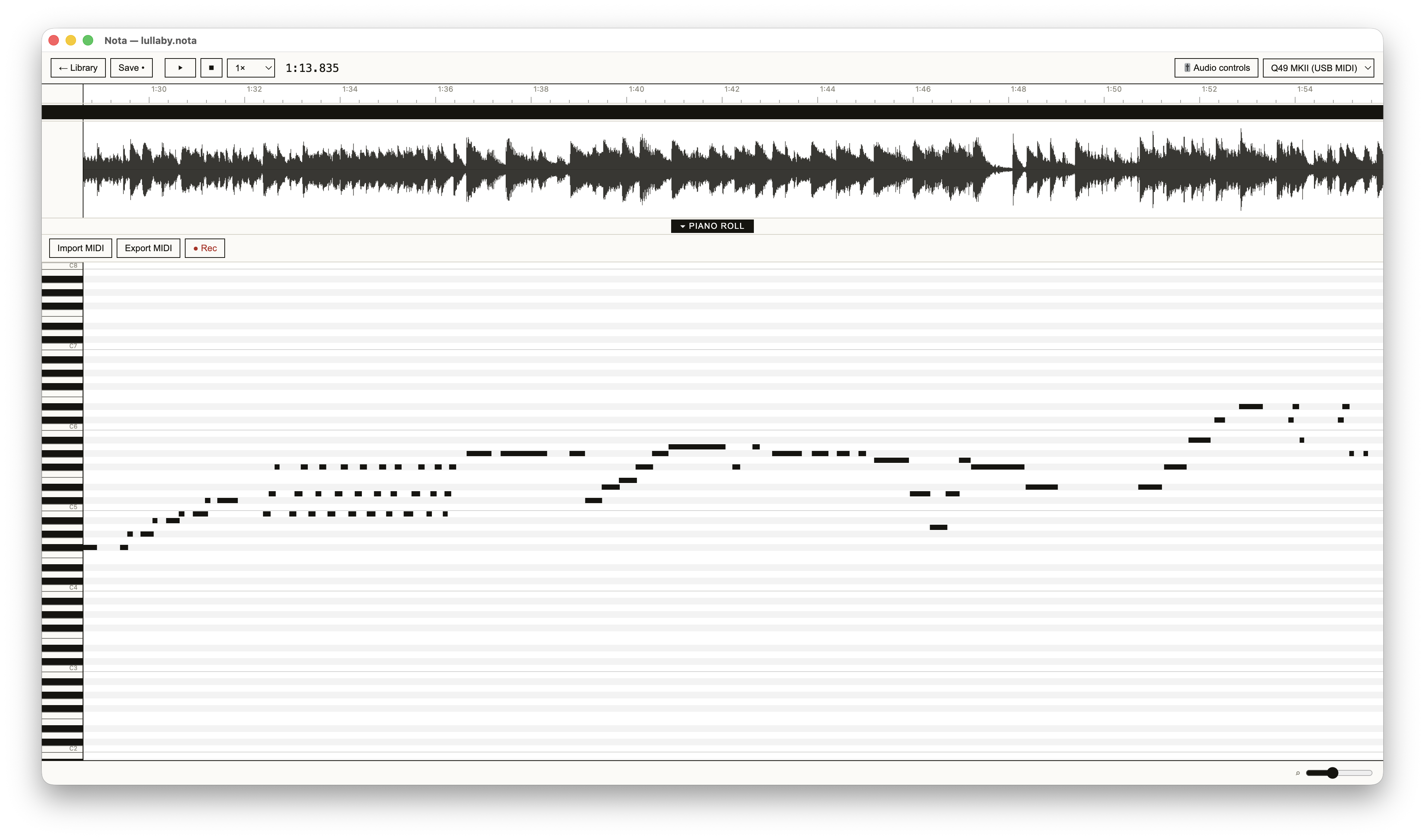 Nota showing an audio waveform, timeline, and piano roll while transcribing a recording.